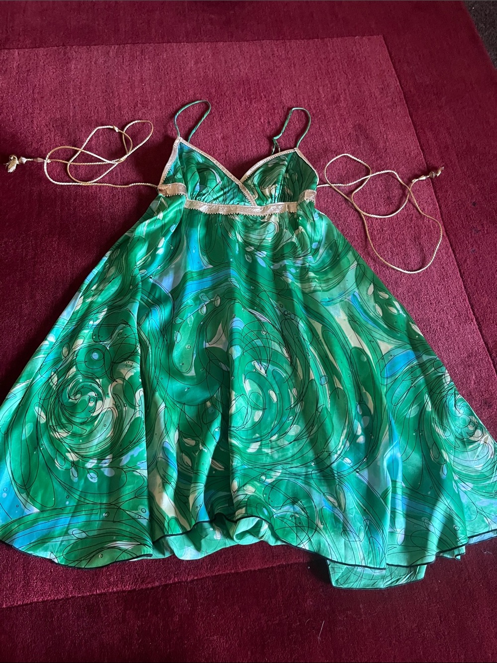 Alexia Admor Green Swirl Print Spaghetti-Strap Dress with Gold Trim